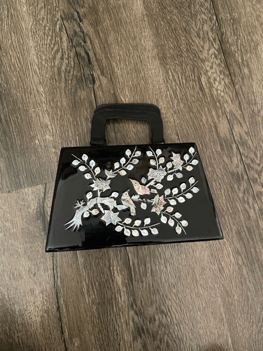 Black Floral Inlaid Mini Top-Handle Bag Vintage Chinese Small Purse